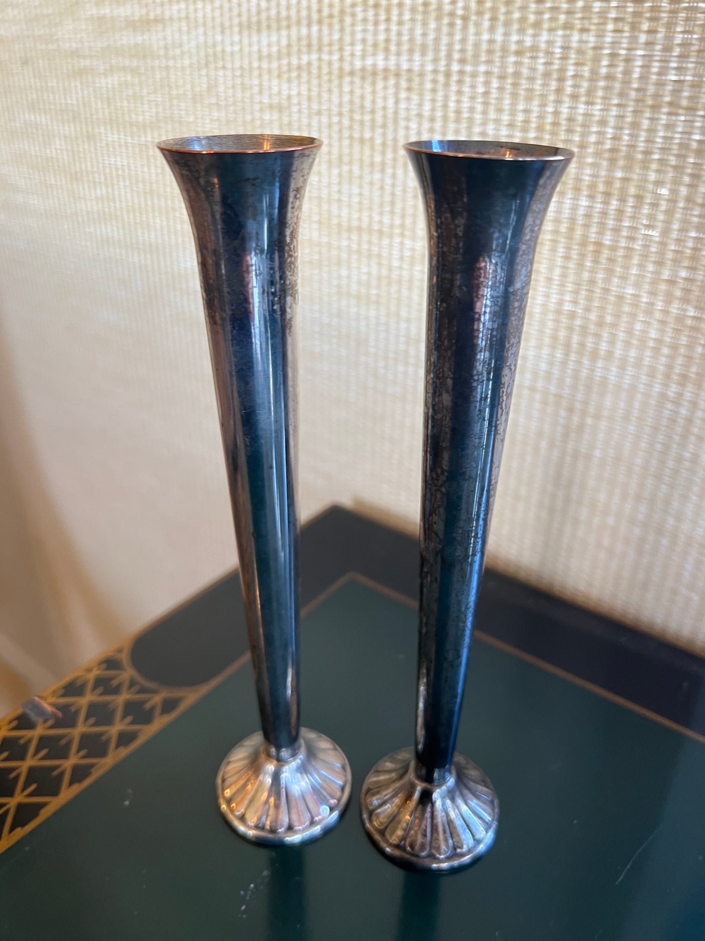 Pair of Vintage International Silver Co. Silver Plated Candlestick Holders/Bud Vases 8” Tall