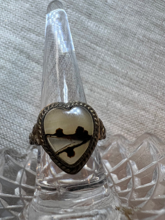 Vintage Moss Agate Heart Ring Sterling & 10K size 5