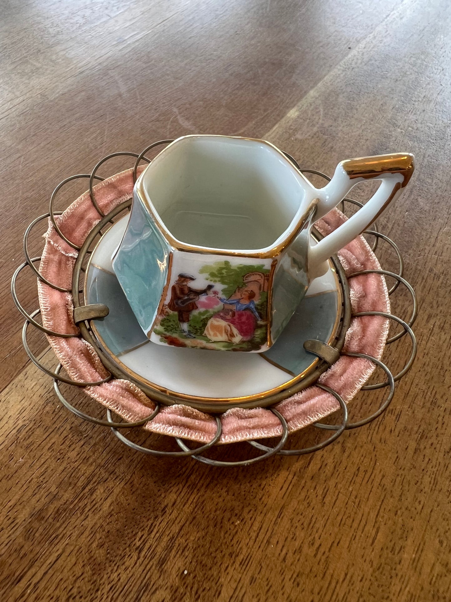 Tiny Vintage China Teacup & Saucer with Velvet Ribbon Trim