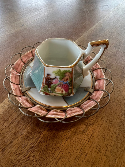 Tiny Vintage China Teacup & Saucer with Velvet Ribbon Trim