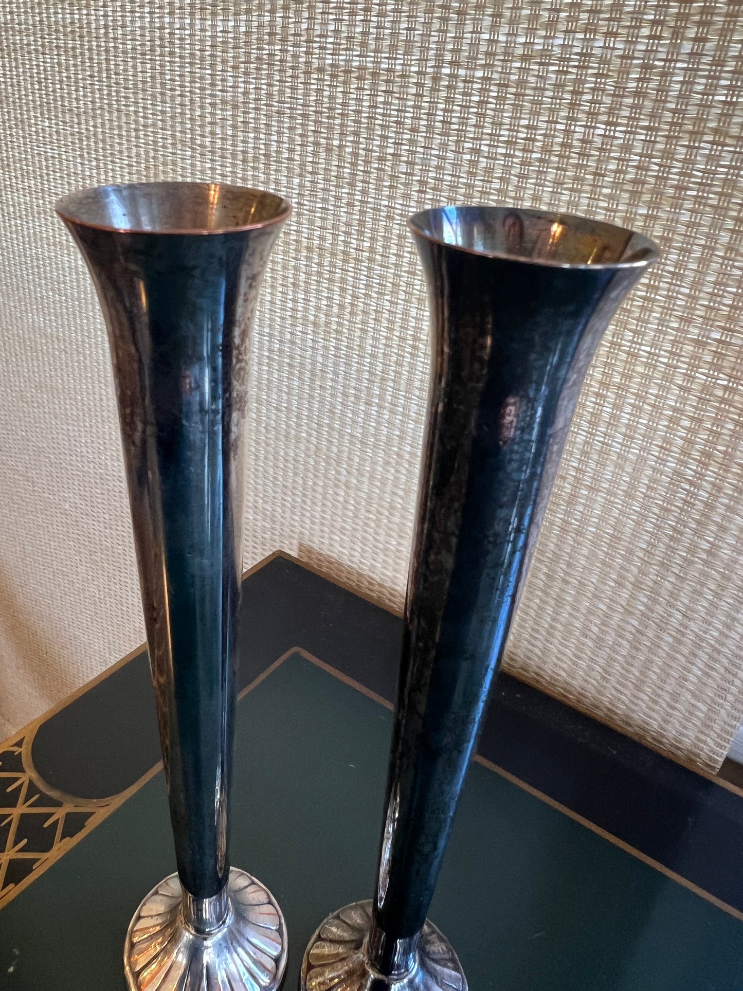 Pair of Vintage International Silver Co. Silver Plated Candlestick Holders/Bud Vases 8” Tall