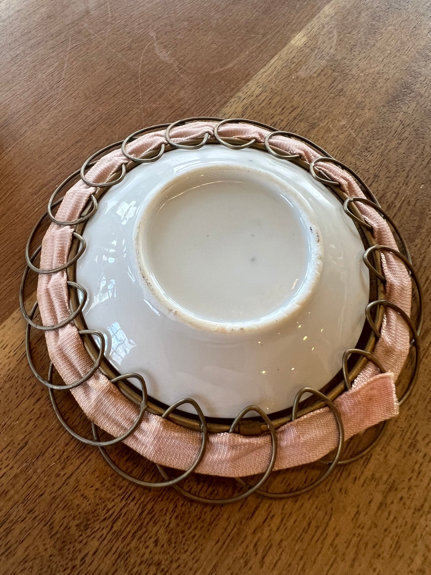 Tiny Vintage China Teacup & Saucer with Velvet Ribbon Trim