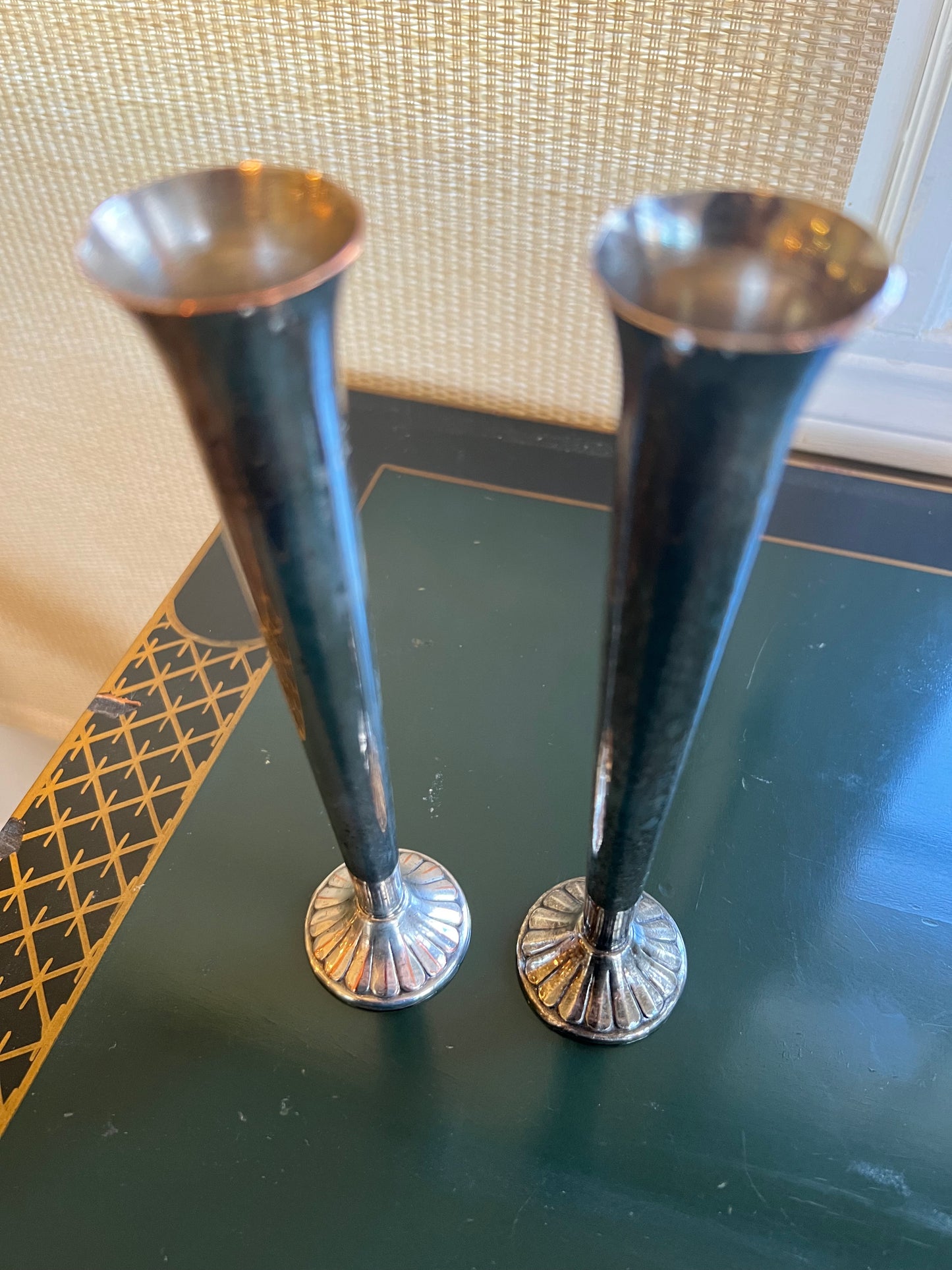 Pair of Vintage International Silver Co. Silver Plated Candlestick Holders/Bud Vases 8” Tall