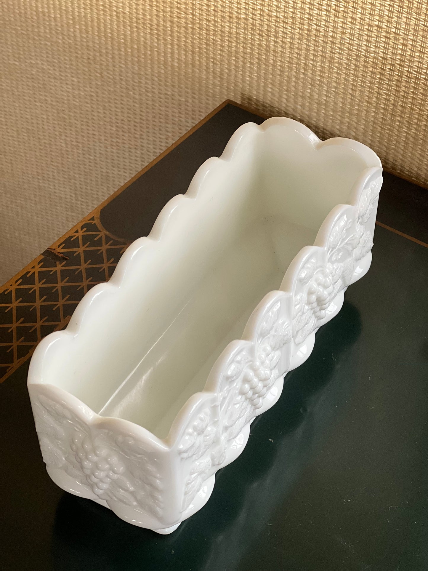 Vintage Westmoreland Paneled Grape Milk Glass Rectangular Footed Planter