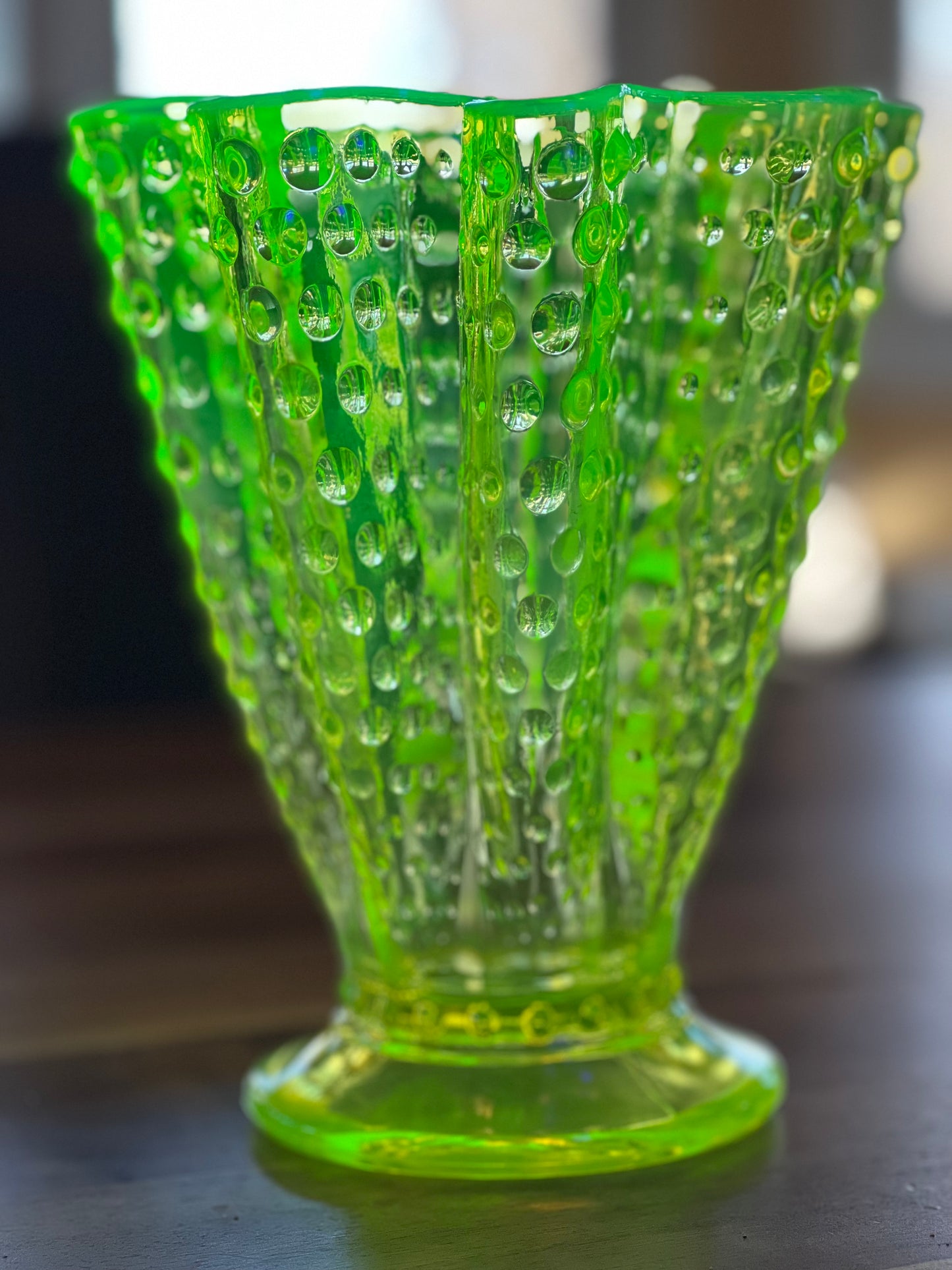 Vintage Fenton Opaline Uranium Glass/ Vaseline Glass Hobnail Handkerchief Vase