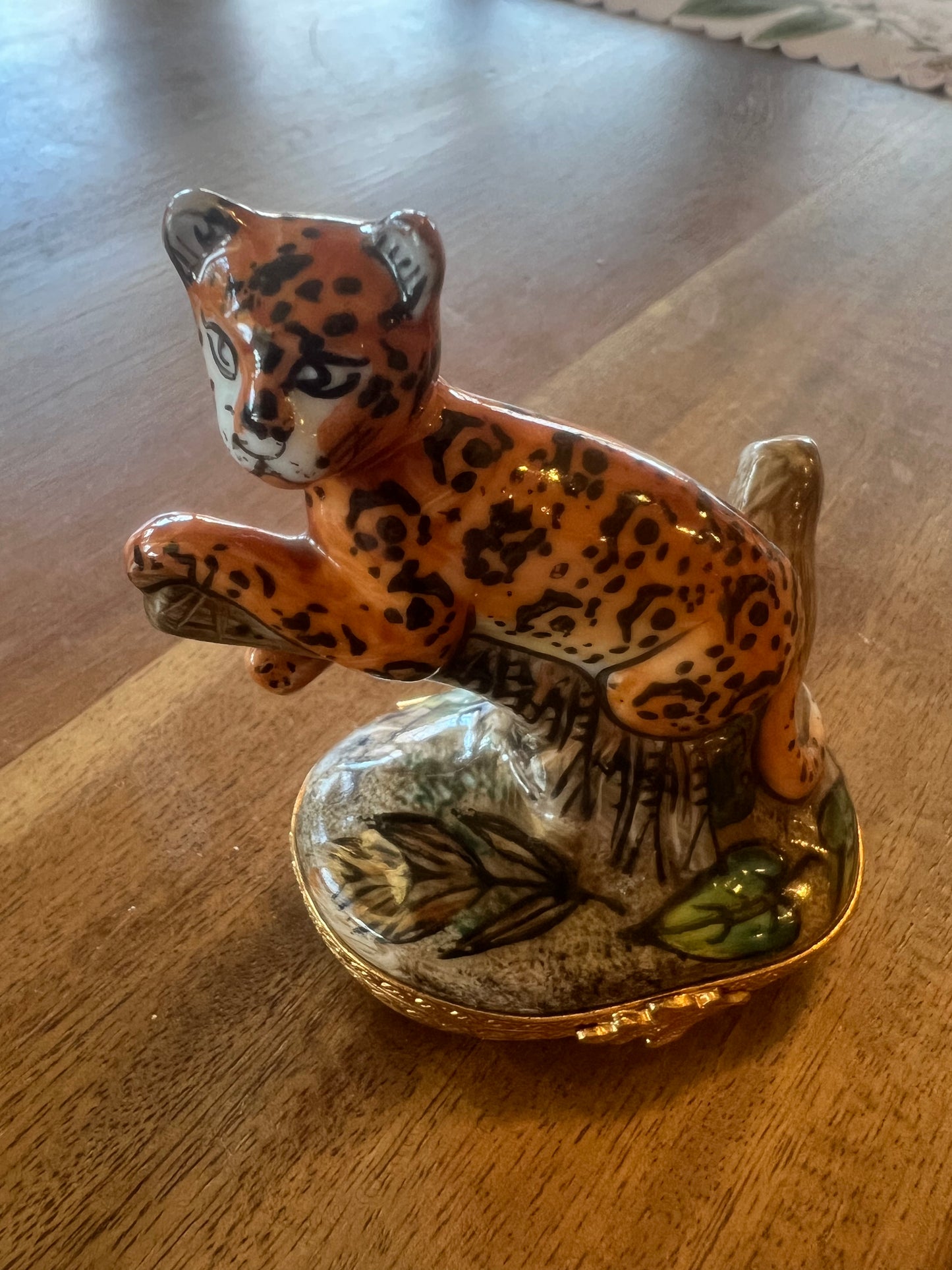 Limoges Cheetah on Log Trinket Box