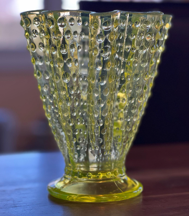 Vintage Fenton Opaline Uranium Glass/ Vaseline Glass Hobnail Handkerchief Vase