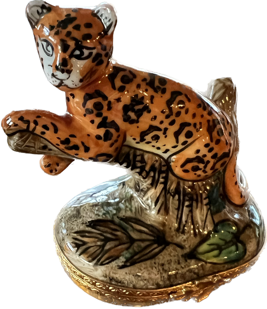 Limoges Cheetah on Log Trinket Box