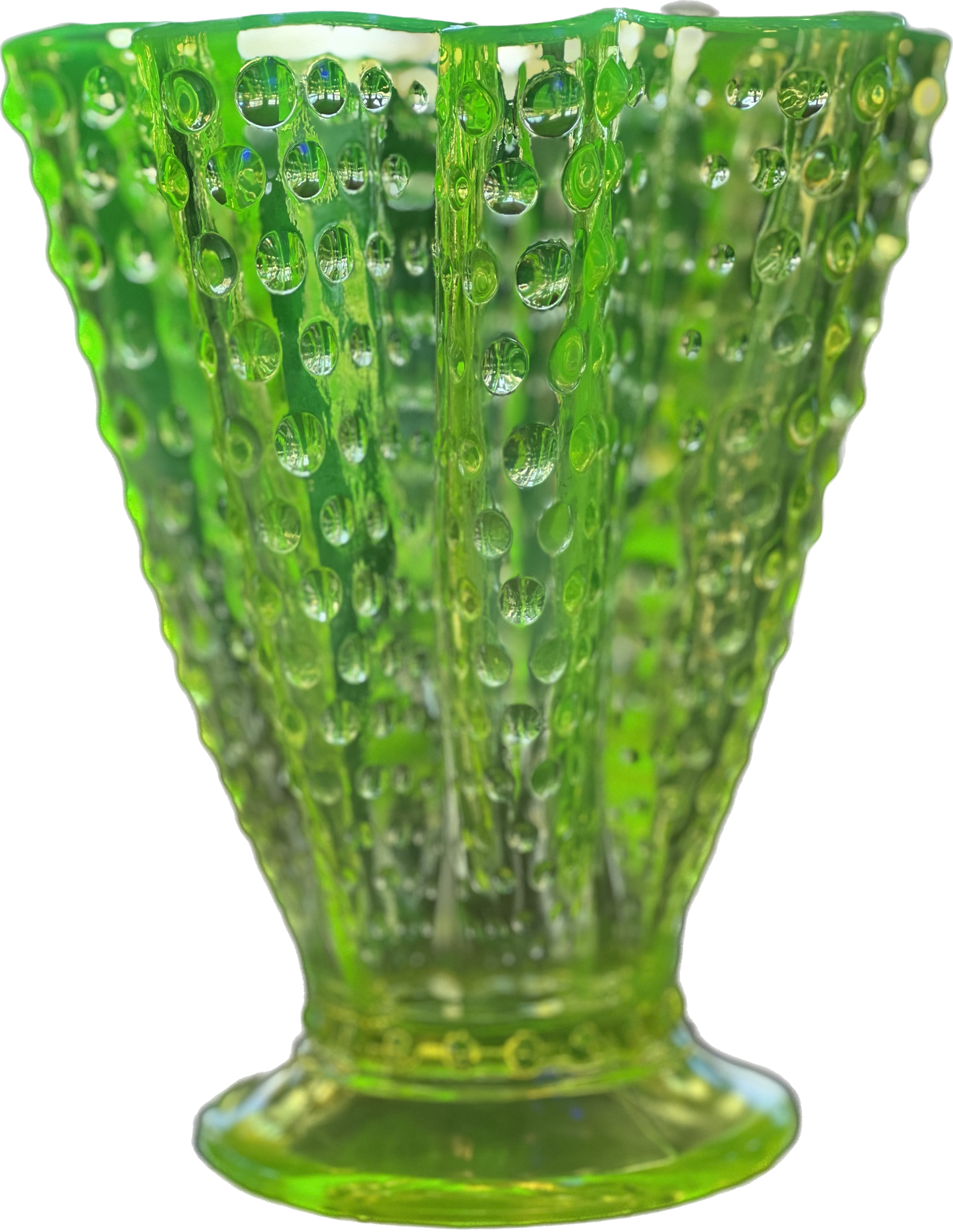 Vintage Fenton Opaline Uranium Glass/ Vaseline Glass Hobnail Handkerchief Vase